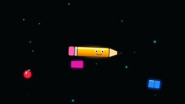 Animated pencil character performing back to school tasks and adult upskilling activities while moving across a vibrant dark digital space filled with small glowing particles