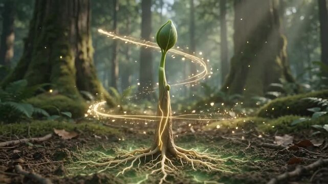 Magical Seed Growing into a Tree with Glowing Energy Roots in a Sunlit Forest, Cinematic Time-lapse Animation