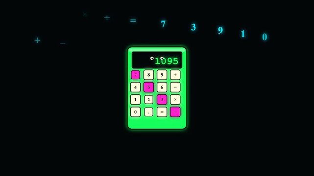 Animated cartoon calculators perform math calculations for back to school and adult upskilling lessons featuring bright numbers displayed on screens against a dark black setting