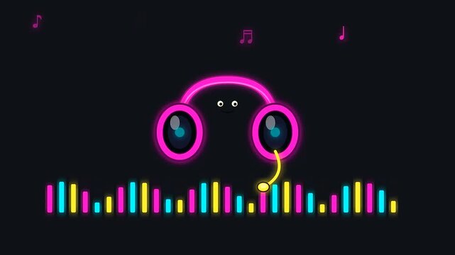 Animated neon headphones displaying audio frequency waves for back to school projects or adult upskilling tutorials focused on modern digital learning and creative audio visual media content