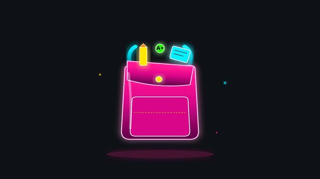 Neon pink school bag icons pulse with back to school themes for digital education branding and adult upskilling modules displayed in simple repeating video sequence frames