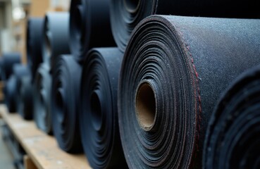 Fototapeta premium Rolled dark indigo denim fabric stacks. Raw selvedge textile material on wooden shelves. Closeup view of textile manufacturing rolls in warehouse.