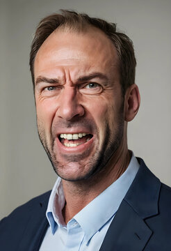 Close-up of adult man grimacing indoors