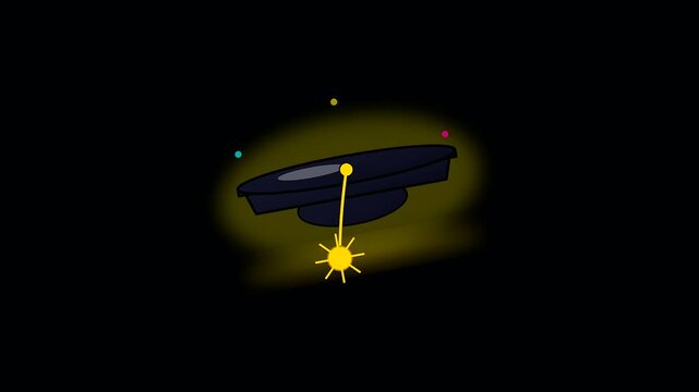 A glowing celestial pendulum swings back to school to facilitate adult upskilling during a rhythmic animation showing subtle oscillation against a deep dark black environment space