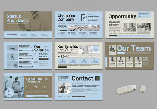 Modern Pitch Deck Layout in Pale Blue, Beige and Brown