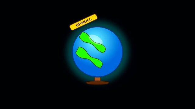 Animated globes featuring an upskill yellow banner represent a journey of adult upskilling and the continuous path of returning back to school for professional growth