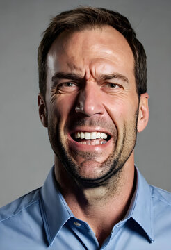 Adult man grimacing indoors close-up portrait