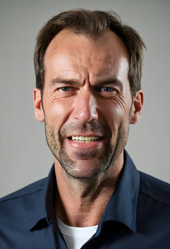 Adult man grimacing wearing earplugs and work shirt