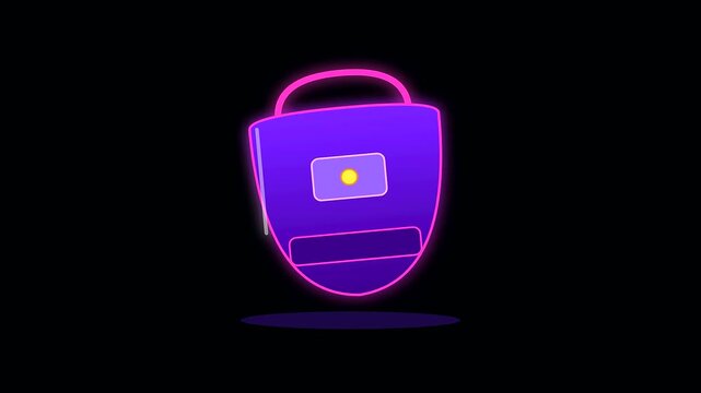 Vibrant glowing purple shield icons animate for back to school and adult upskilling lessons represented by simple neon geometric shapes on a pitch black setting