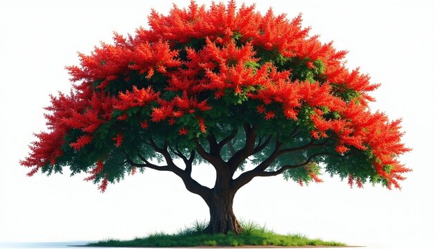 Tropical tree blooms with vibrant red flowers and green leaves against a white background. This ornamental plant features a thick trunk and wide branches, ideal for garden or nature themes.