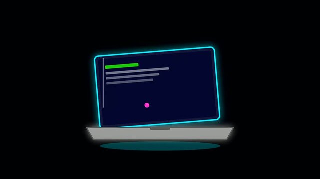 Animation of a glowing computer screen featuring back to school icons and adult upskilling modules displaying interactive software interface design elements in a dark room environment