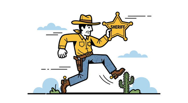 Clumsy Sheriff Running Through Desert Holding Large Badge Vector