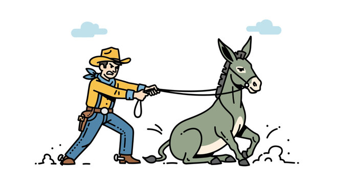 Cowboy pulling a stubborn mule resisting to move vector illustration