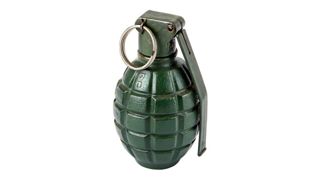 Green military hand grenade defensive explosive weapon isolated on transparent background