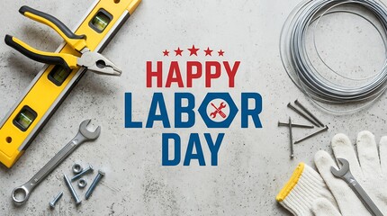 Labor Day greeting featuring a collection of construction tools including a yellow spirit level steel wrench metal wire coil nails and protective work gloves arranged on a gray surface