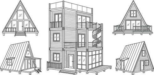 Fototapeta premium Set of minimalist vector line drawings featuring modern A-frame cabins and architectural homes.