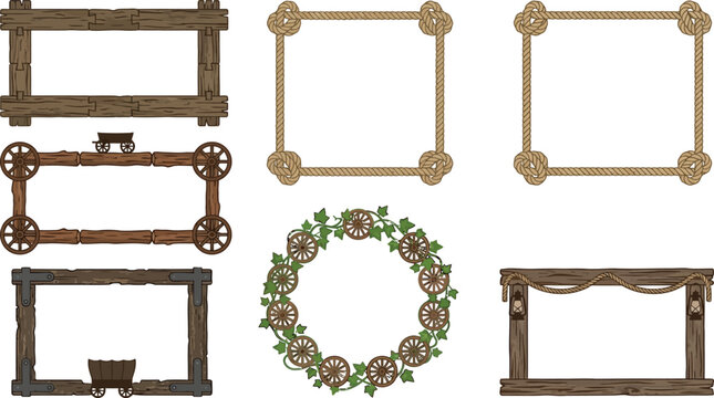 Set of rustic wooden frames and rope borders with vintage wagon wheel elements for decoration
