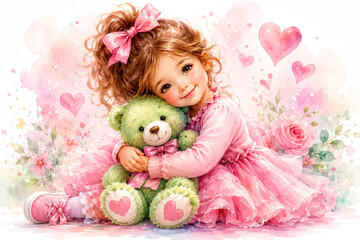 Fototapeta premium Cute Girl Hugging Teddy Bear with Pink Hearts Watercolor Illustration