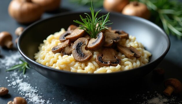 Creamy mushroom risotto in dark bowl with fresh rosemary sprig. Sliced mushrooms top fluffy rice pasta, seasoned with herbs and salt flakes.