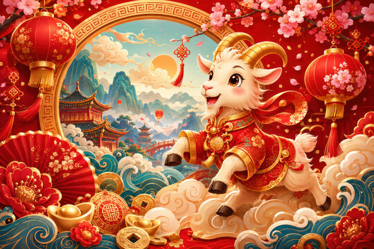 Cute Goat Celebrating Chinese New Year in Red and Gold