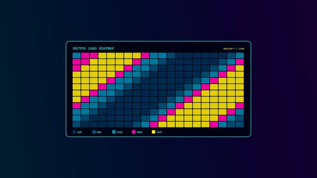 Digital displays showing smart grid management data with colorful square modules animating in sequence across three panels of a dark modern electronic monitoring control interface