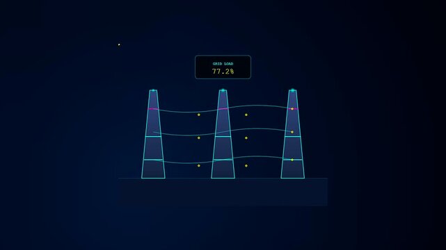 Smart grid management systems display fluctuating electrical load levels across three interconnected utility towers represented by digital waves and glowing nodes in a dark laboratory setting