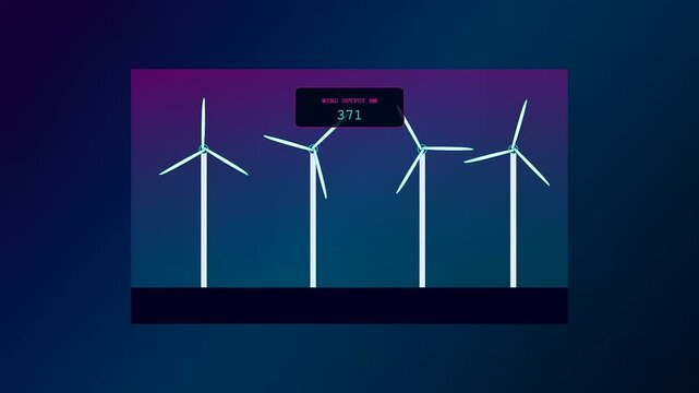 Digital displays showing smart grid management data for wind energy production with spinning turbines silhouette against a dark evening sky in this motion graphic animation