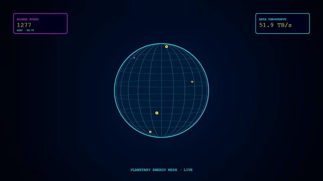the smart grid management interface displays dynamic planetary energy nodes and real time data throughput metrics on a dark digital holographic sphere for global monitoring systems