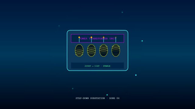 A digital smart grid management interface displays transformer unit electrical data for monitoring localized power station distribution cycles in a futuristic neon blue console monitor environment