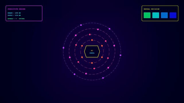 Three screens displaying smart grid management data with concentric circle nodes and pulsating color coded squares over a dark blue glowing digital interface surface layout