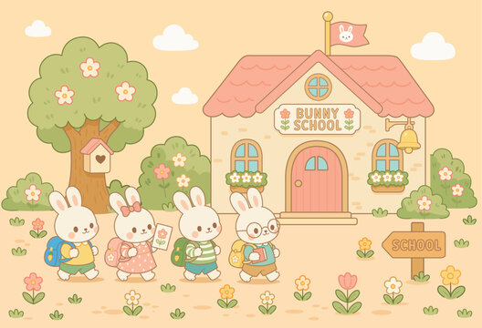 Back to School Cute Bunny Pupils Students Walking to School &ndash; Kawaii Classroom Illustration