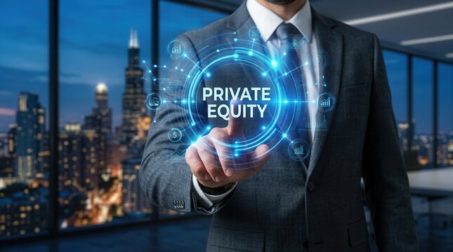 Private equity investment business concept with digital technology interface.