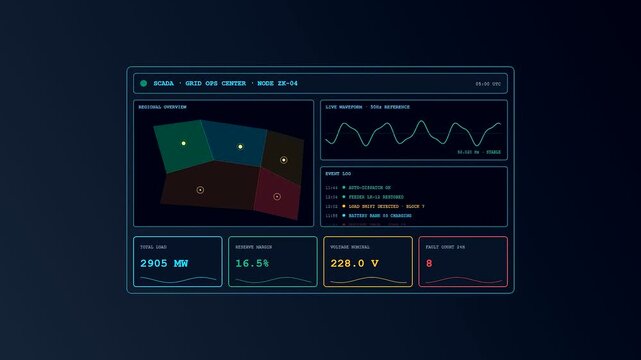 Digital smart grid management displays featuring shifting wave patterns and data point fluctuations shown on a dark interface screen for global utility system monitoring needs
