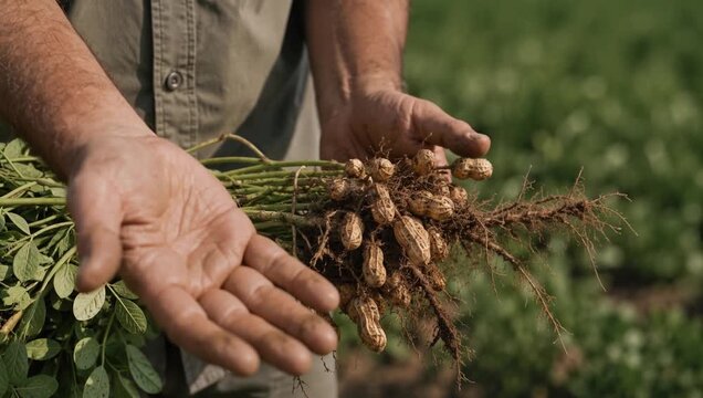 Farmer's hands holding a freshly dug peanut plant with roots, soil, and clustered peanut pods in a green farm field