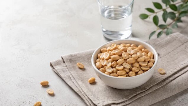 Bowl of shelled peanuts on a linen napkin beside a glass of water and green leaves on a light textured surface
