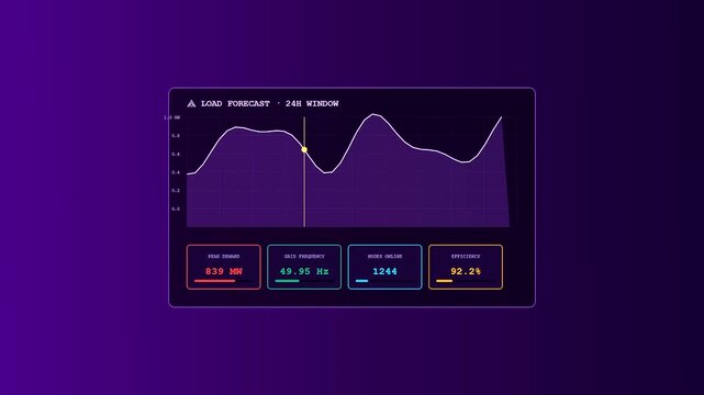 A sophisticated smart grid management dashboard interface featuring fluctuating wave graphs and numeric data metrics in a simulated digital environment for power monitoring system analysis operations