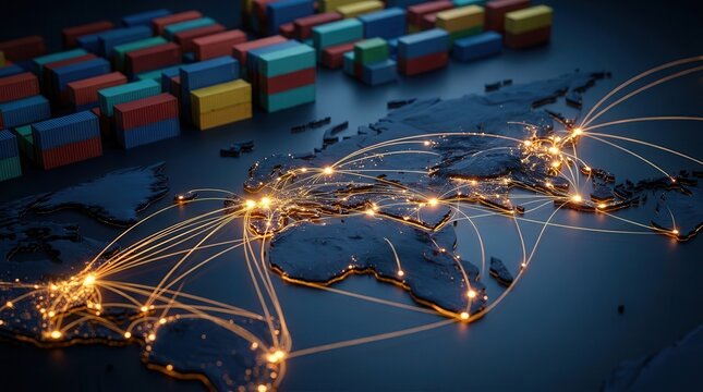 Global logistics concept featuring a world map with a digital supply chain network and container ships.
