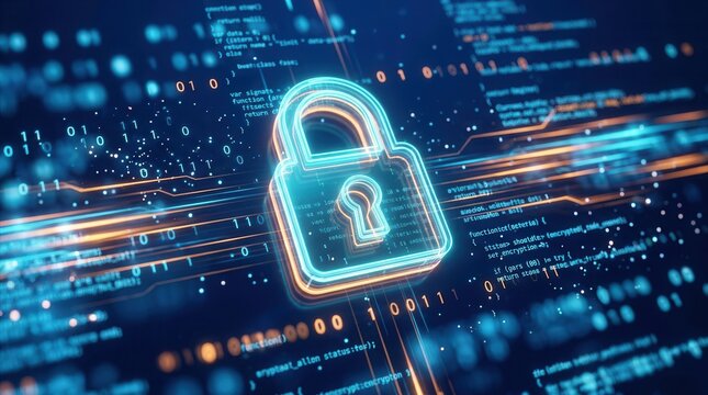 Encrypted cybersecurity source code featuring a glowing digital padlock icon.