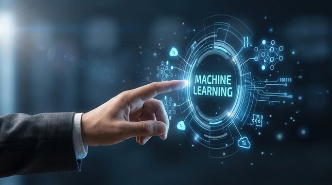 Machine learning technology featuring neural networks and artificial intelligence data analysis.