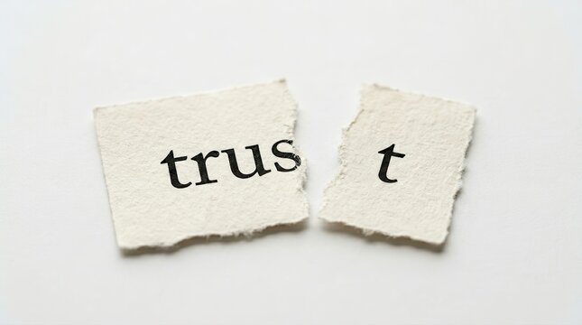 A torn piece of paper with the word trust split in half representing a broken trust concept.