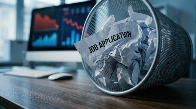 Crumpled job application in a trash bin with declining economic charts on a computer monitor.