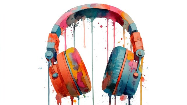 Hand painted wireless headphones with vibrant watercolor splash effects, modern colors, and a clean minimal composition, perfect for technology, music, and creative lifestyle themes.