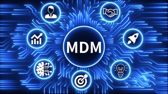 MDM icon surrounded by smaller icons for ai manufacturing strategy. A glowing neon, and manufacturing process management all connected in a digital circuit like pattern, 4k video 