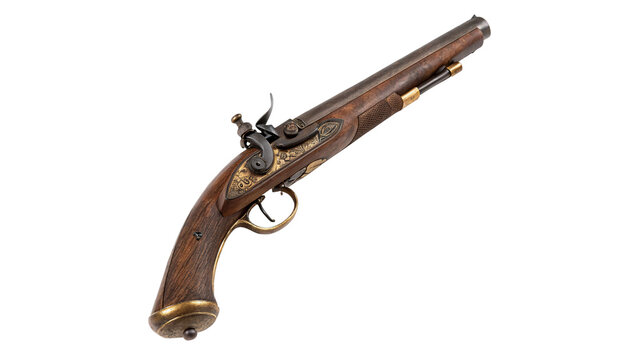 Classic vintage wooden antique flintlock pistol gun isolated on a transparent background