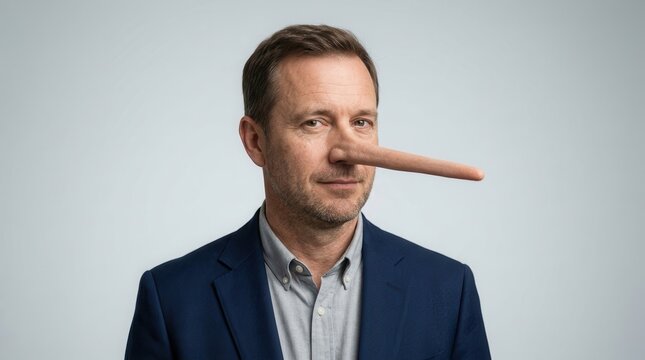Man with a long nose symbolizing a lying concept.