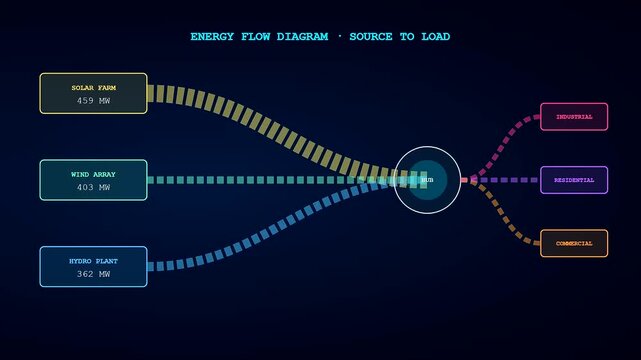 Smart grid management systems visualized through a dynamic digital interface showing live energy flow data streams connecting solar wind and hydro power sources to load centers