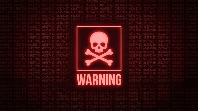 Malware threat concept featuring a red skull and crossbones with hex dump background.