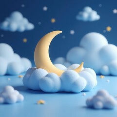 Fototapeta premium Cute cartoon crescent moon rests on fluffy clouds in a calm night sky. Soft stars twinkle, creating a dreamy, peaceful bedtime atmosphere for kids.