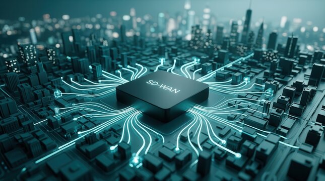 A modern SD-WAN device seamlessly connecting various urban hubs and infrastructure.