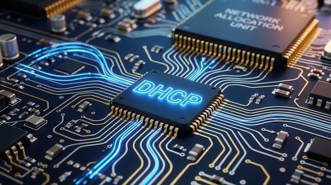 DHCP network concept glowing on a futuristic circuit board with digital data transmission.